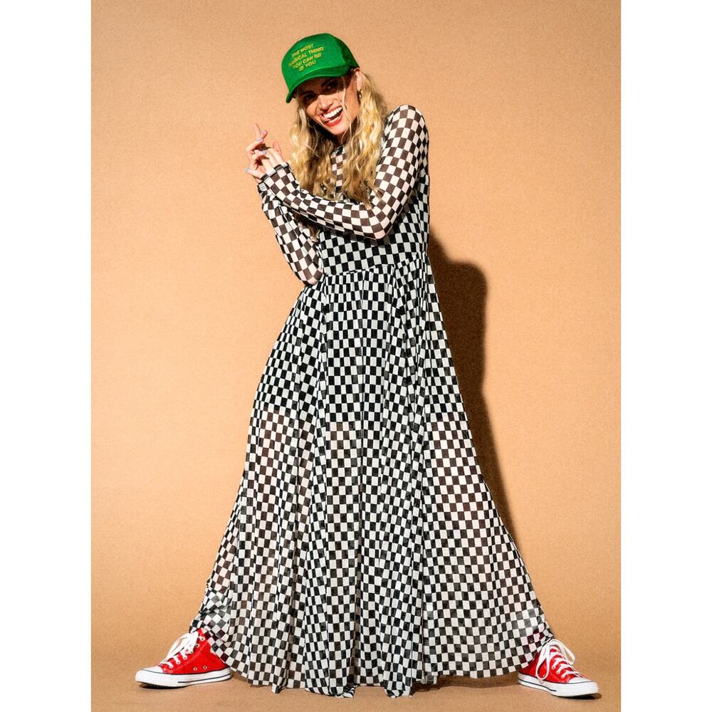 Dressed in LALA More You Mesh Maxi Dress in Black + White Checkerboard